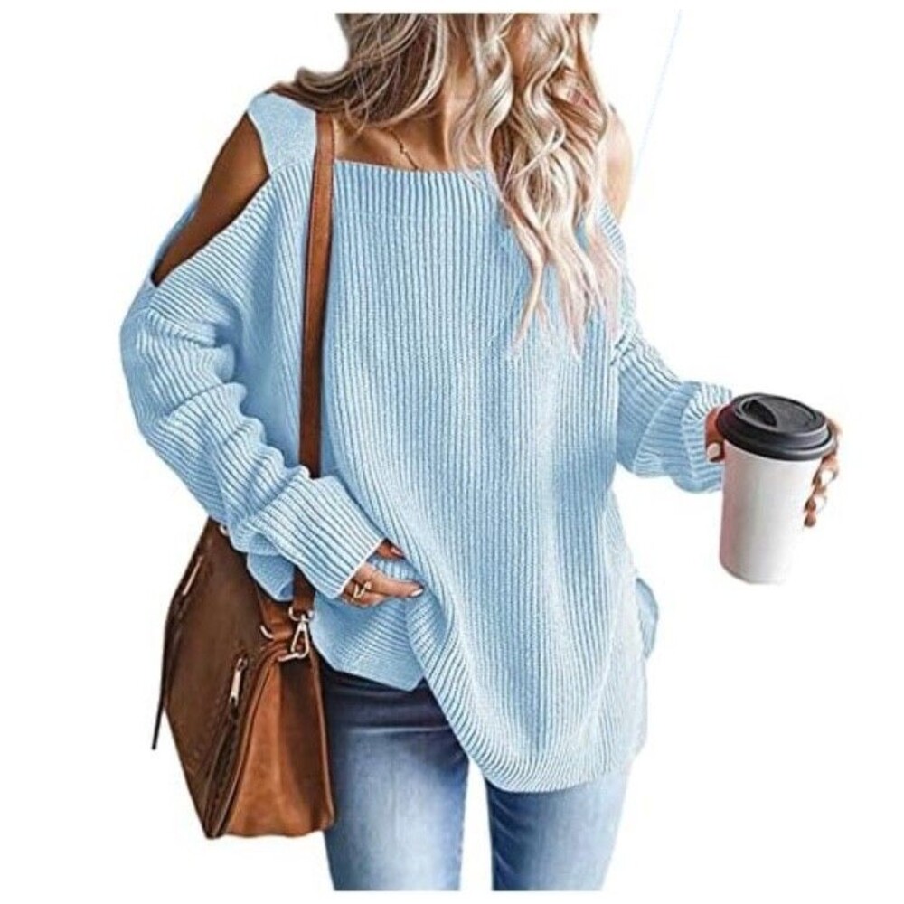 Women's Small Cold Shoulder Blue Sweater Sexy Long Sleeve Loose Fall Pullover